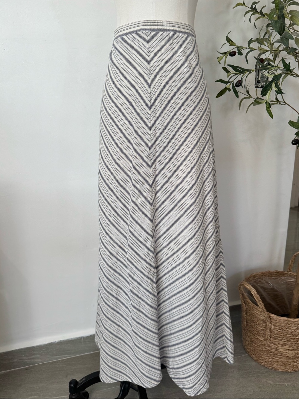 FOVCYNTHIA Linen Blend Striped Chevron Maxi Skirt XL Coastal Boho